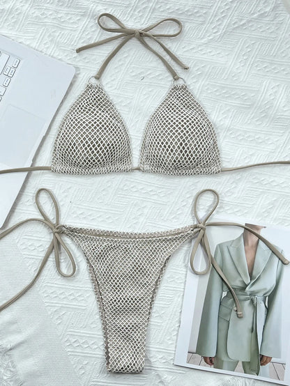 Women Sexy Hollow Out Swimsuit Triangle Thong Padded Bikini Crochet 2 Pieces Suit Halter Lace-Up Swimwear Backless Bathing Suits