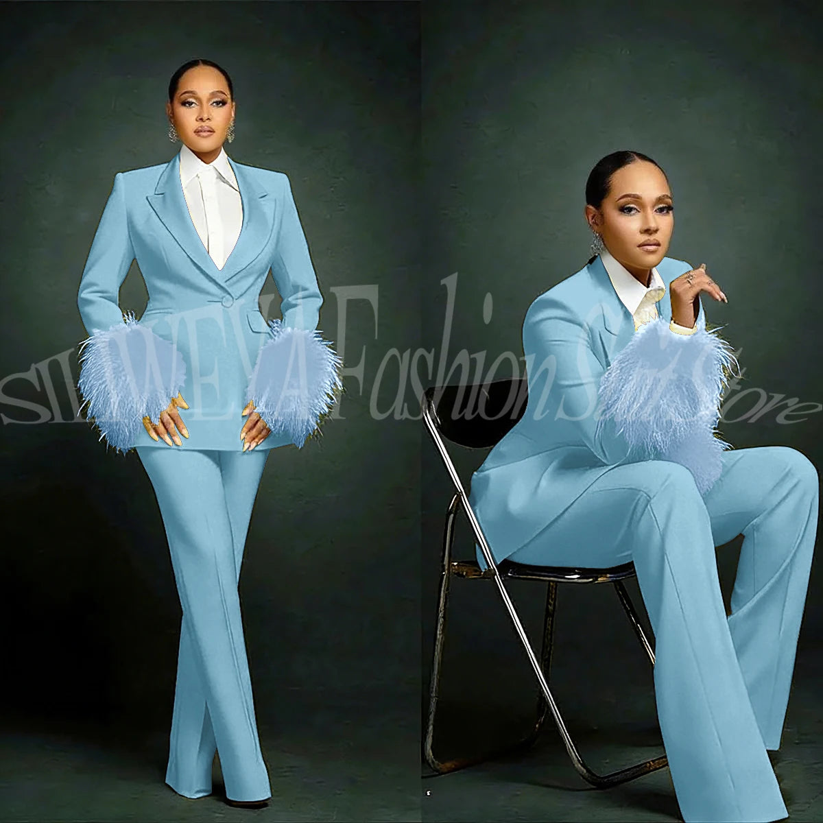 Fashion Chic Suits For Women Luxury Feather Applique Single Breasted 2 Pieces Female Suit (Blazer+Pants) Conjuntos De Pantalones