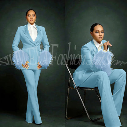 Fashion Chic Suits For Women Luxury Feather Applique Single Breasted 2 Pieces Female Suit (Blazer+Pants) Conjuntos De Pantalones