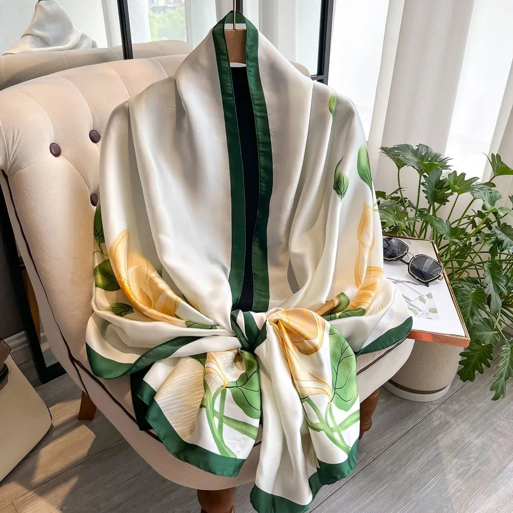 Fashion Korean Luxury Silk Scarf Elegant Lotus Pattern Chiffon Shawl Wrap Soft Printing Women Hijab Shawls Female