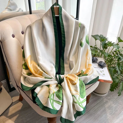 Fashion Korean Luxury Silk Scarf Elegant Lotus Pattern Chiffon Shawl Wrap Soft Printing Women Hijab Shawls Female