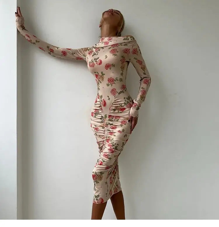 French Style Is Beautiful and Pure, Classical Artist Floral Pleated Slanted Shoulder Long-sleeved Dress Women&