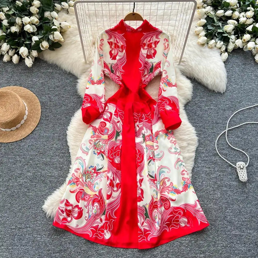 Fashion High-End Feeling Gown Dress Elegant European Court Style Long Printed Slimming New Women&