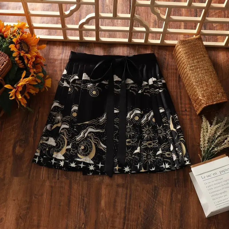 2024 New Fashion Chinese Style Retro Summer Printed Pleated Lace Up Women&