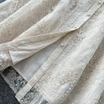 French Luxury Fashion Flower Mesh Embroidery Dress High Quality Women Stand Long Flare Sleeve Ruffles Belt Party Long Vestidos