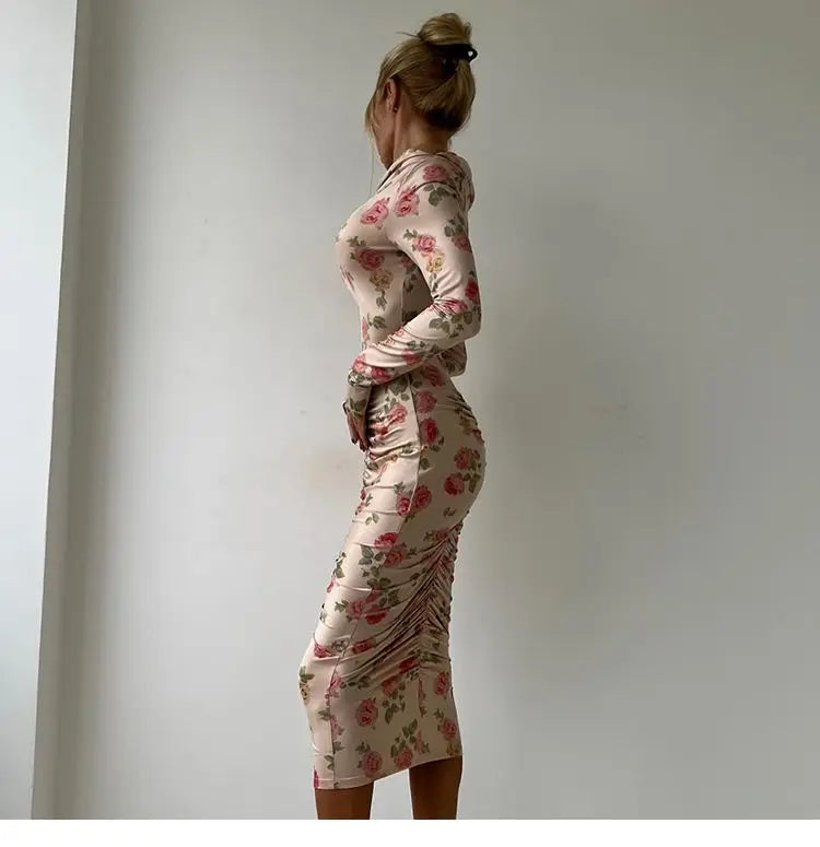 French Style Is Beautiful and Pure, Classical Artist Floral Pleated Slanted Shoulder Long-sleeved Dress Women&