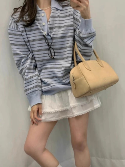 Knitted Blue Striped Long Sleeve T Shirts Women Vintage Turn Down Collar Tees 2026 Ropa Mujer Chic Korean Casual Loose Tshirt