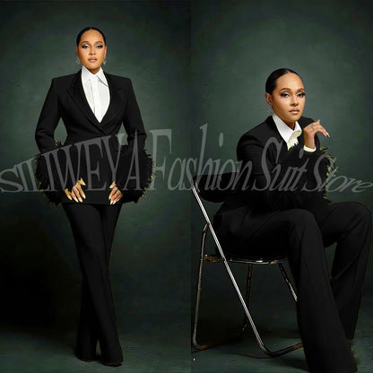 Fashion Chic Suits For Women Luxury Feather Applique Single Breasted 2 Pieces Female Suit (Blazer+Pants) Conjuntos De Pantalones