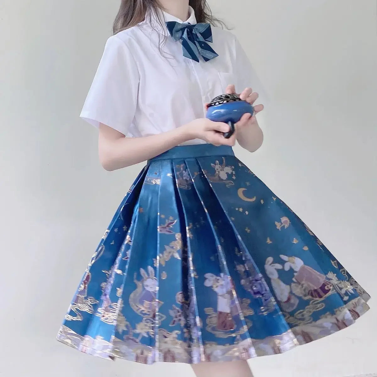 2024 New Fashion Chinese Style Retro Summer Printed Pleated Lace Up Women&