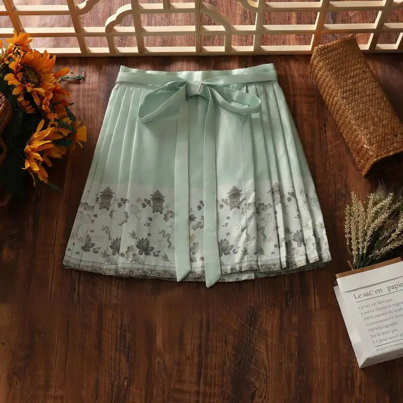2024 New Fashion Chinese Style Retro Summer Printed Pleated Lace Up Women&