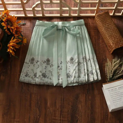2024 New Fashion Chinese Style Retro Summer Printed Pleated Lace Up Women&