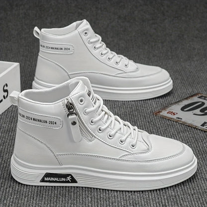 High-Top Sneakers for Men Designed for All Seasons, Featuring a Non-Slip PU Sole And a White Laceless Design Suitable for Urban