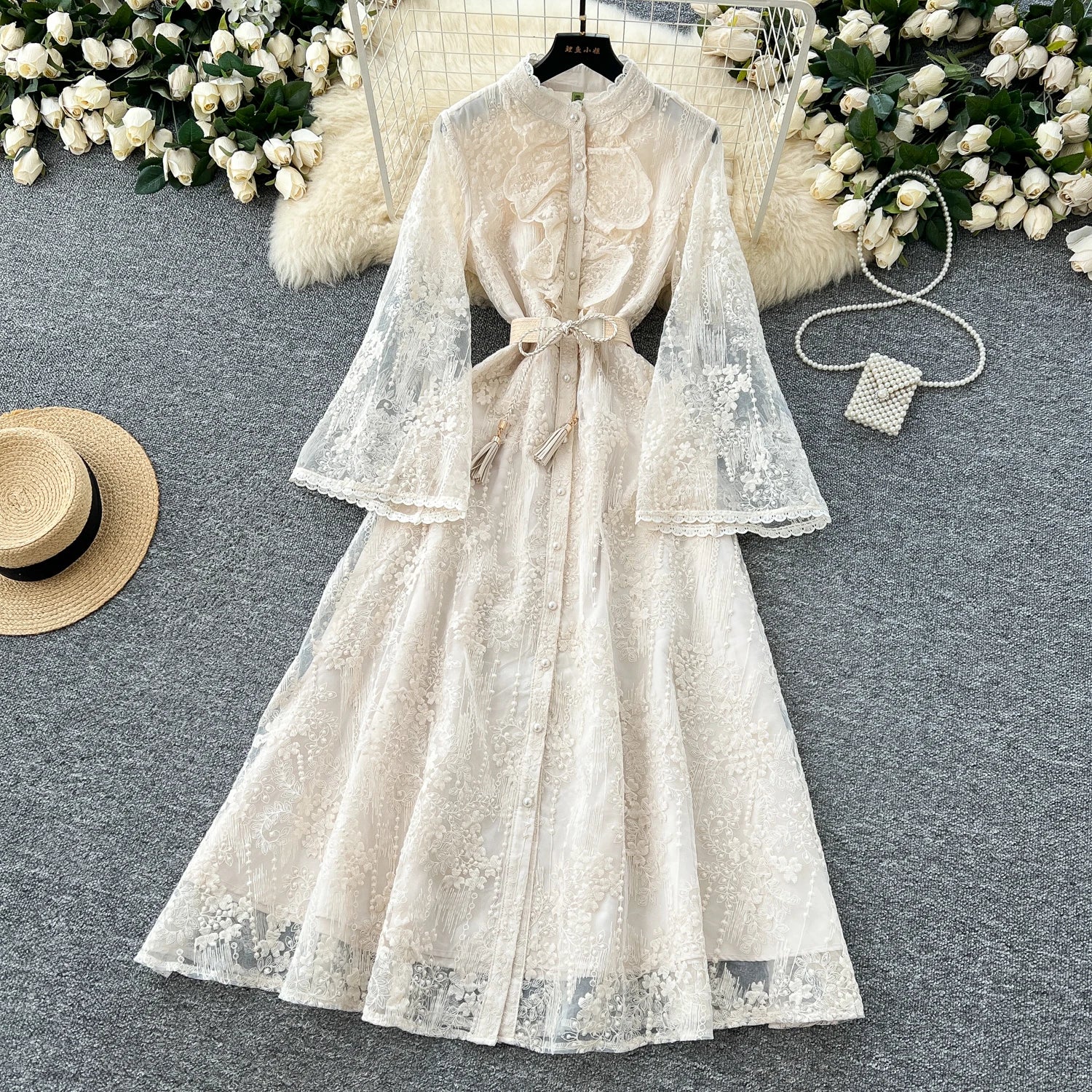 French Luxury Fashion Flower Mesh Embroidery Dress High Quality Women Stand Long Flare Sleeve Ruffles Belt Party Long Vestidos