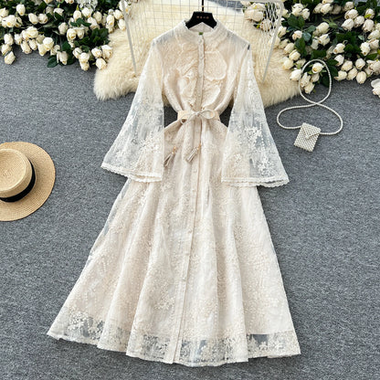 French Luxury Fashion Flower Mesh Embroidery Dress High Quality Women Stand Long Flare Sleeve Ruffles Belt Party Long Vestidos