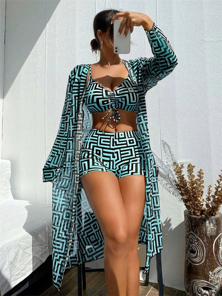 Bikini Women Swimsuit 2026 New Lattice Sling Bikinis Set Sexy Boxer Shorts Swimwear Summer Long Sleeve Beach Bathing Suit Female