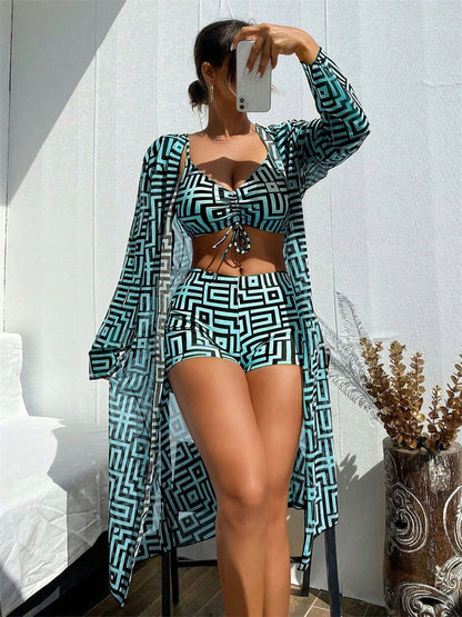 Bikini Women Swimsuit 2026 New Lattice Sling Bikinis Set Sexy Boxer Shorts Swimwear Summer Long Sleeve Beach Bathing Suit Female