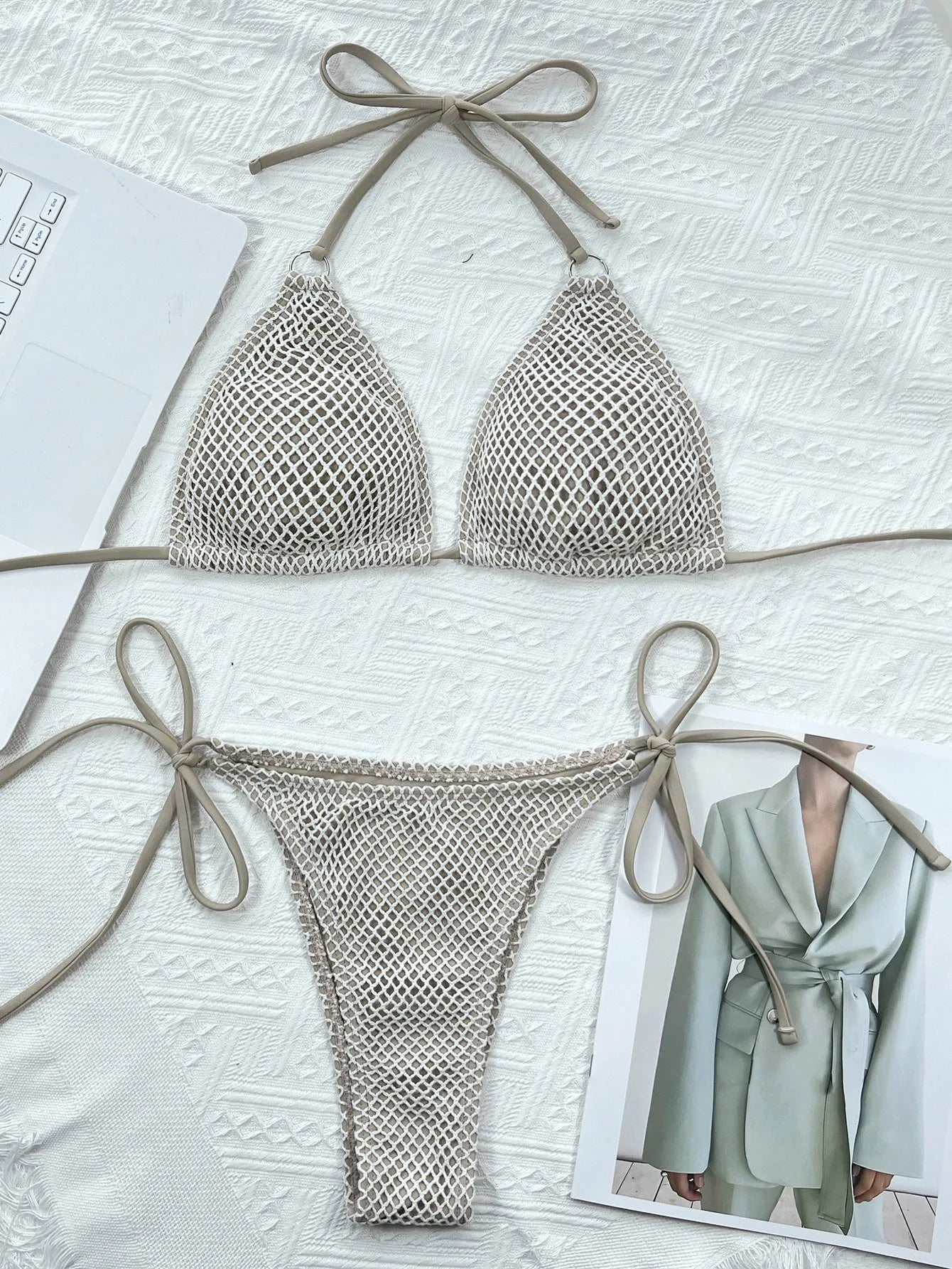 Women Sexy Hollow Out Swimsuit Triangle Thong Padded Bikini Crochet 2 Pieces Suit Halter Lace-Up Swimwear Backless Bathing Suits