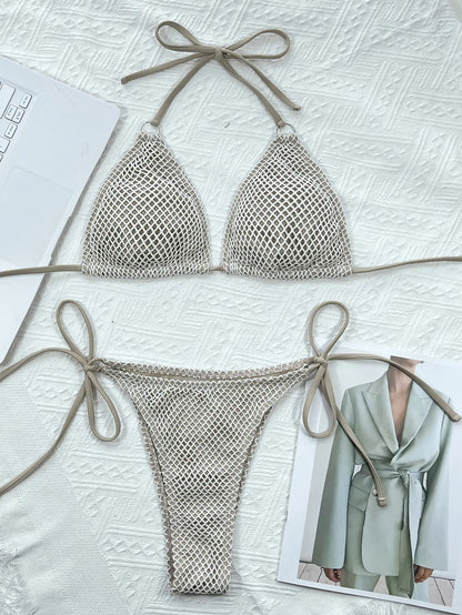 Women Sexy Hollow Out Swimsuit Triangle Thong Padded Bikini Crochet 2 Pieces Suit Halter Lace-Up Swimwear Backless Bathing Suits