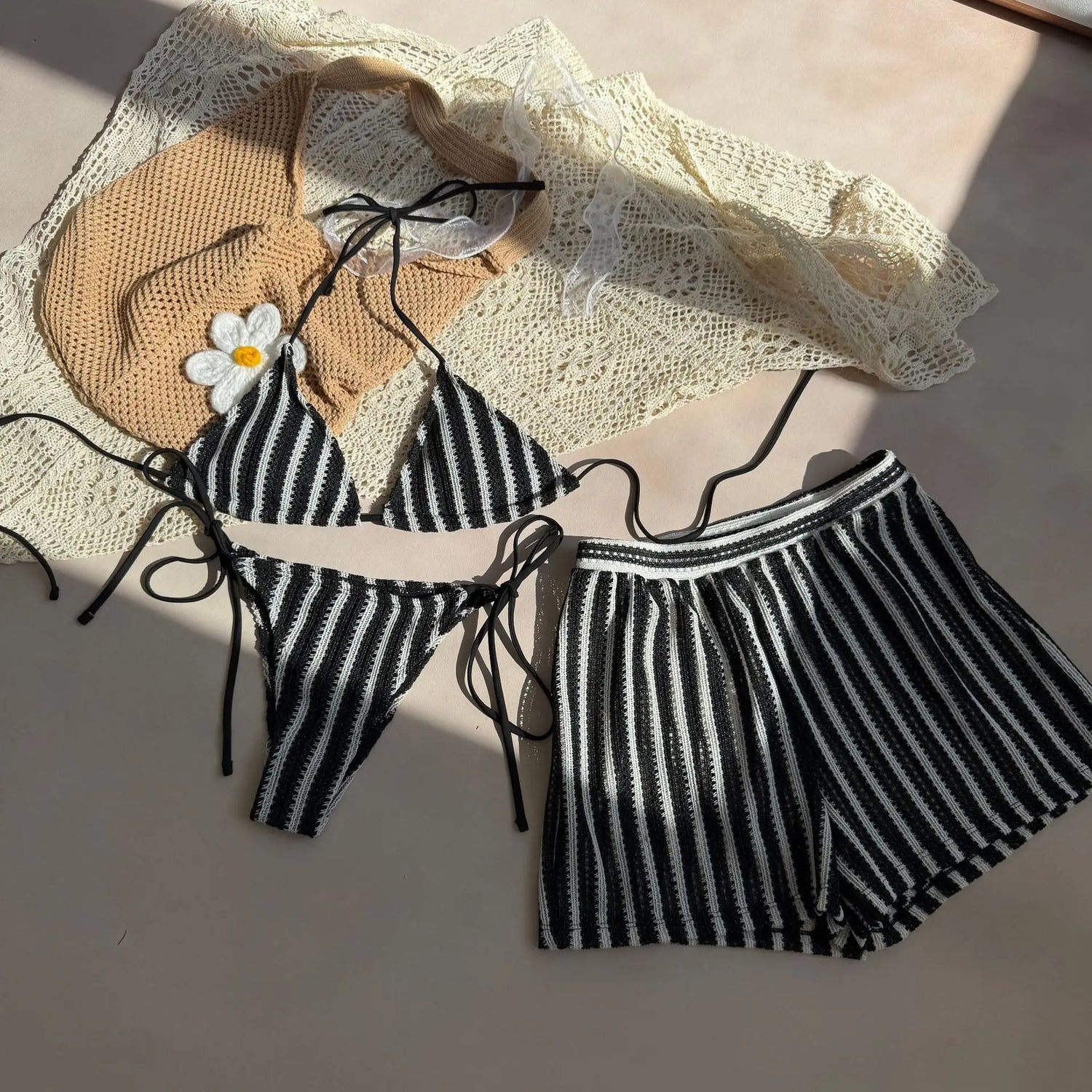 2026 Striped 3 Piece Bikini Set Sexy Women Swimwear with Skirt Bathing Suit Women&