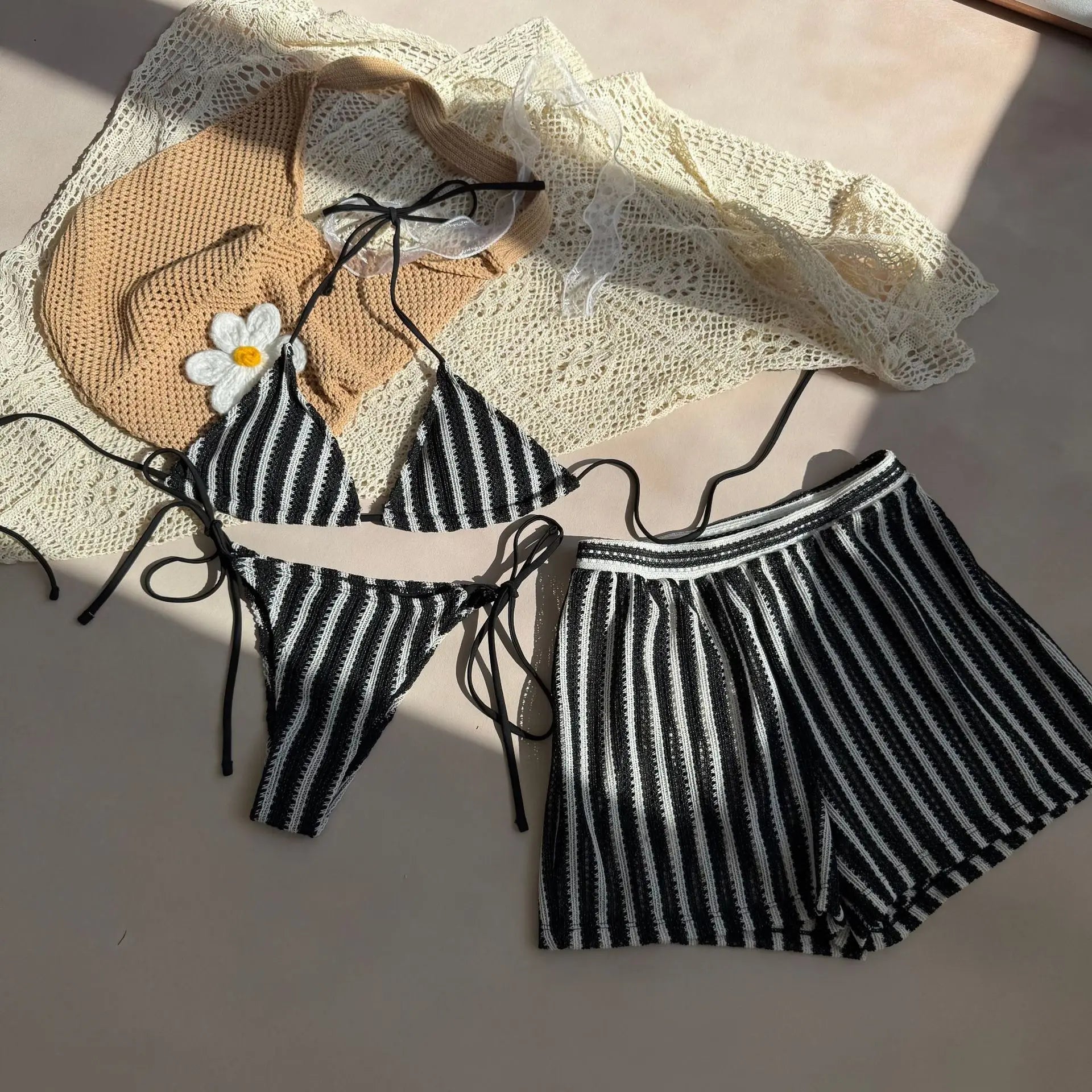 2026 Striped 3 Piece Bikini Set Sexy Women Swimwear with Skirt Bathing Suit Women&