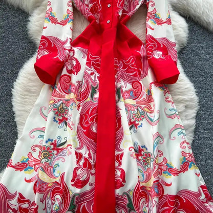 Fashion High-End Feeling Gown Dress Elegant European Court Style Long Printed Slimming New Women&
