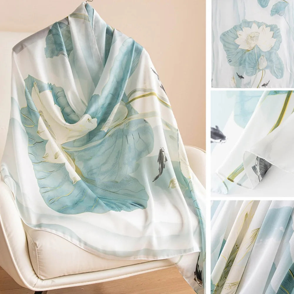 Fashion Korean Luxury Silk Scarf Elegant Lotus Pattern Chiffon Shawl Wrap Soft Printing Women Hijab Shawls Female