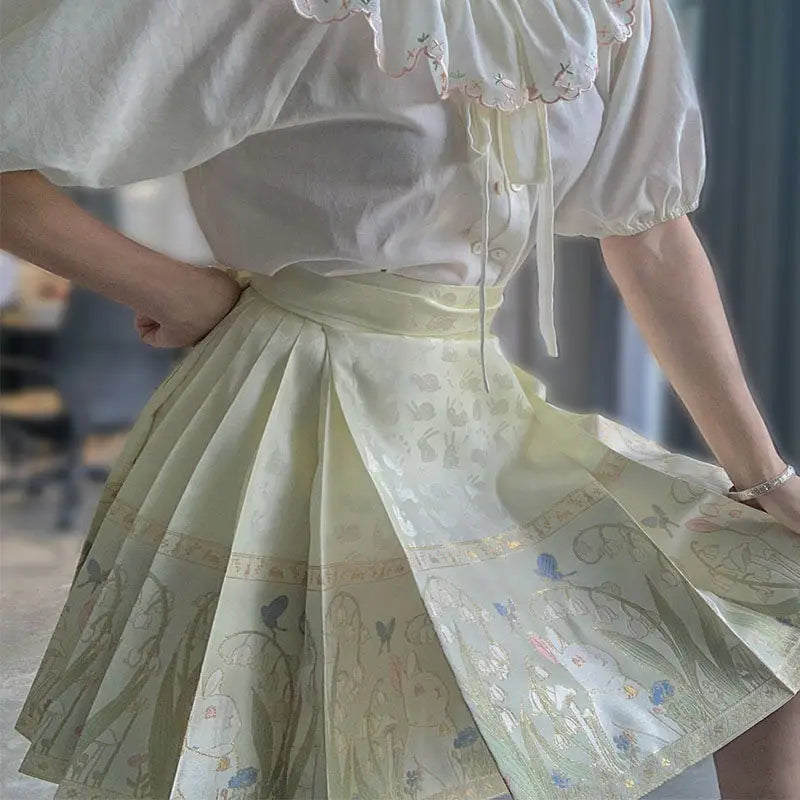 2024 New Fashion Chinese Style Retro Summer Printed Pleated Lace Up Women&