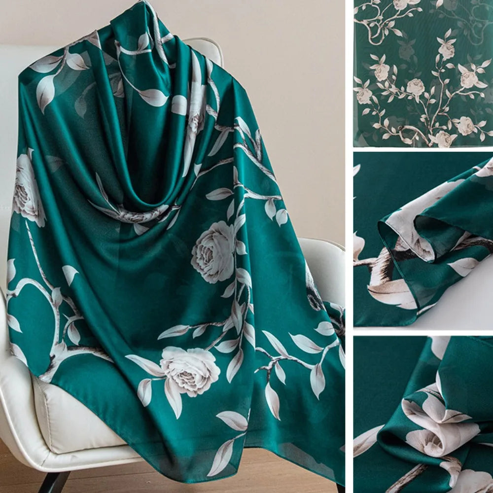 Fashion Korean Luxury Silk Scarf Elegant Lotus Pattern Chiffon Shawl Wrap Soft Printing Women Hijab Shawls Female