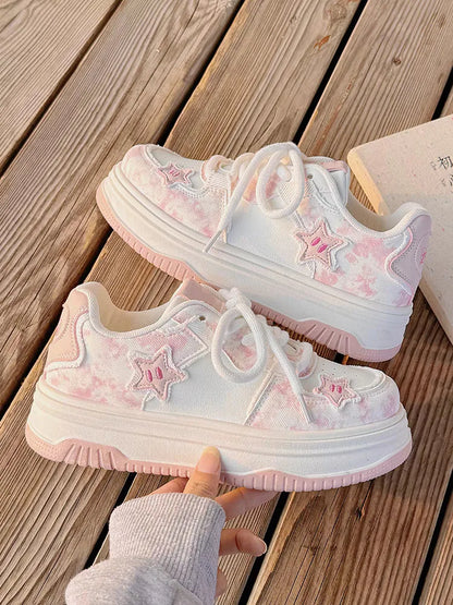 2026 Spring New Platform Sneakers for Women Fashion Casual Pink Shoes Female Lace Designer Chunky Sneakers Shoes Woman