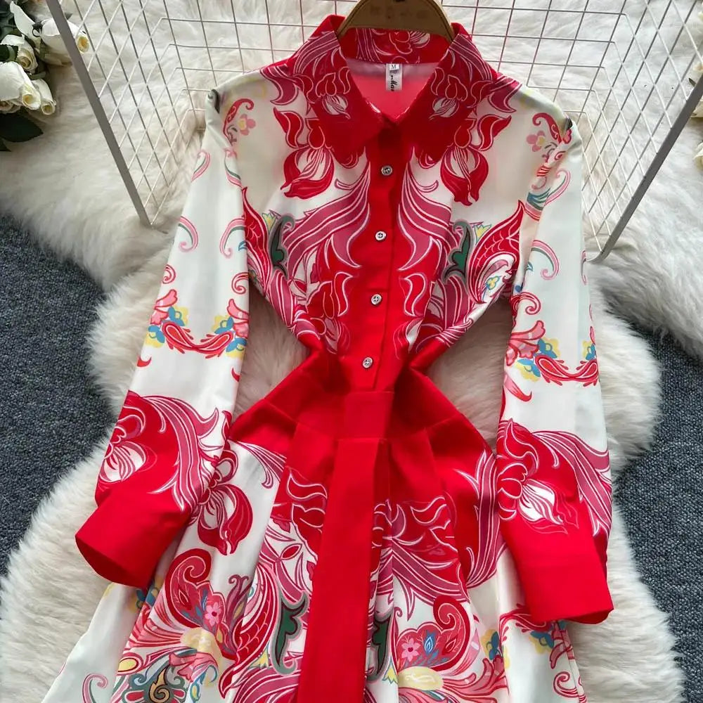 Fashion High-End Feeling Gown Dress Elegant European Court Style Long Printed Slimming New Women&