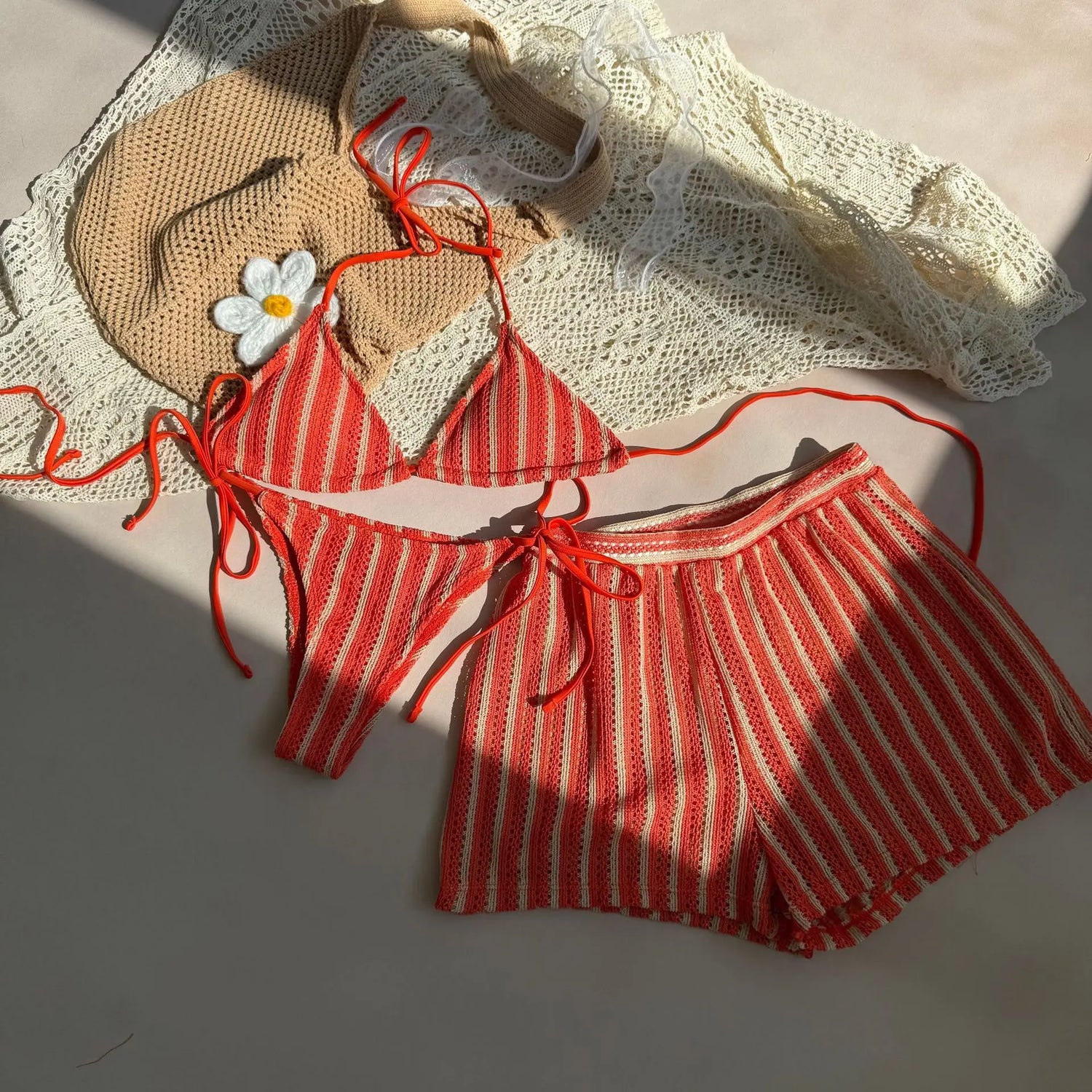 2026 Striped 3 Piece Bikini Set Sexy Women Swimwear with Skirt Bathing Suit Women&