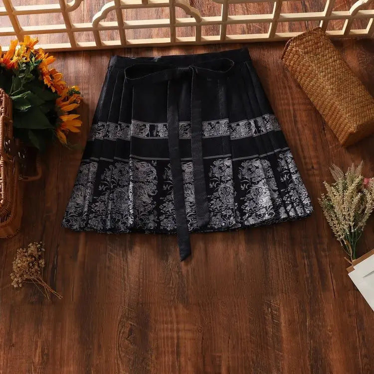 2024 New Fashion Chinese Style Retro Summer Printed Pleated Lace Up Women&