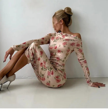 French Style Is Beautiful and Pure, Classical Artist Floral Pleated Slanted Shoulder Long-sleeved Dress Women&