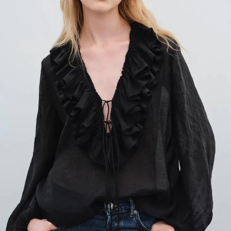 Spring New Sle White Loose Layered V-Ne Decorative irt Design Polyester Fiber Long Sve Regular Length Women&