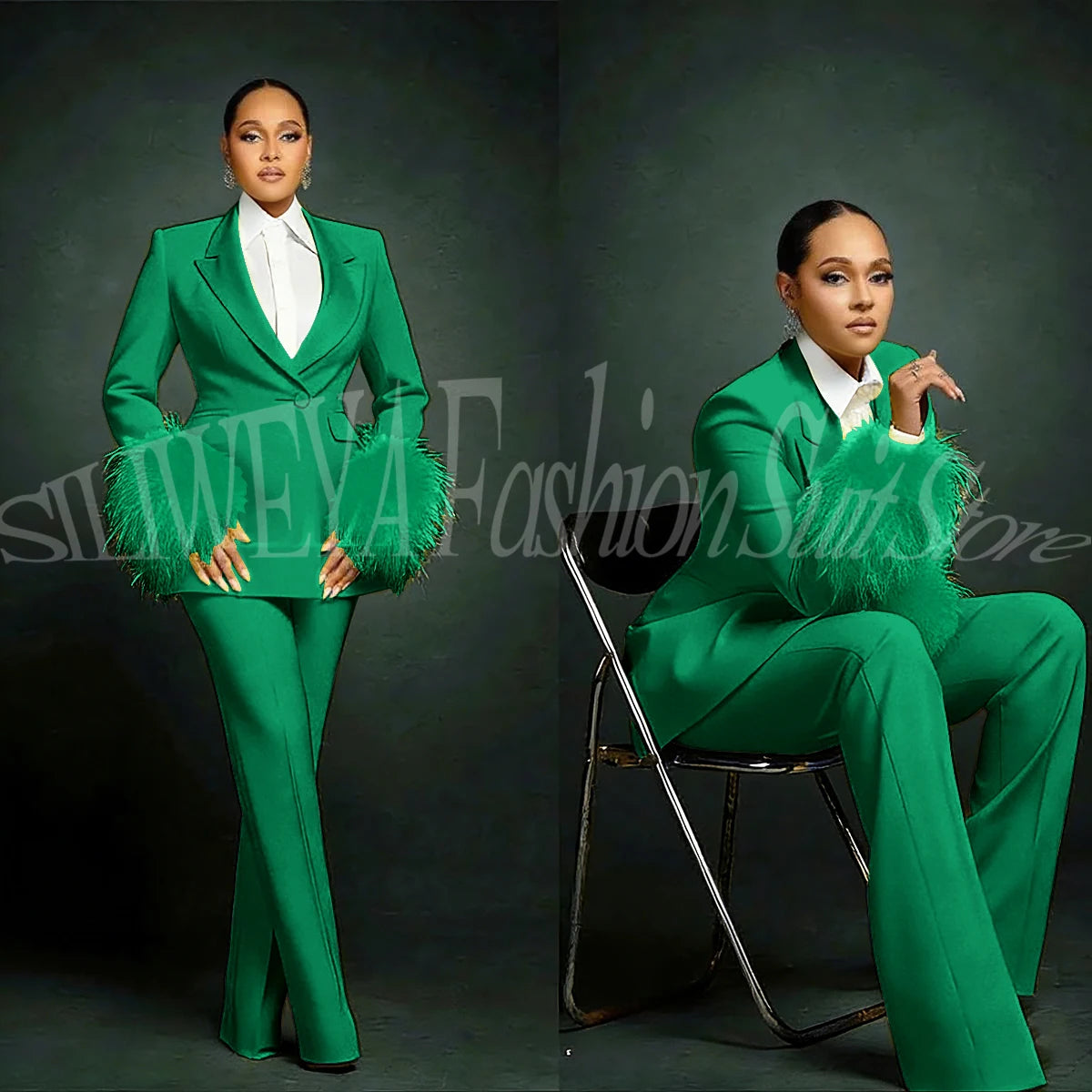 Fashion Chic Suits For Women Luxury Feather Applique Single Breasted 2 Pieces Female Suit (Blazer+Pants) Conjuntos De Pantalones
