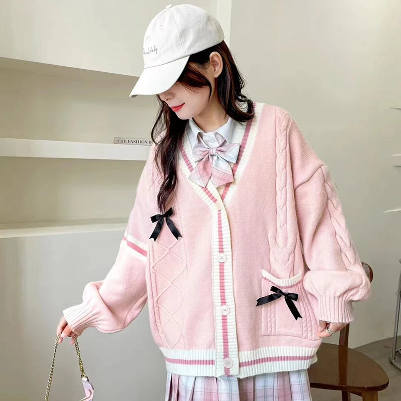 Pink Sweet Women Cardigan Korean Bow Knitted Long Sleeve Female Sweater Jk Preppy Style New Kawaii V Neck Ladies Casual Coats