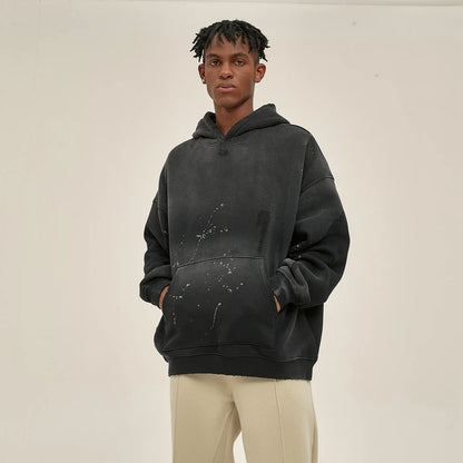 Street Wear Speckled Ink Rubbed Hooded Hoodies Fashion Sense Distressed Winter Coat Men&