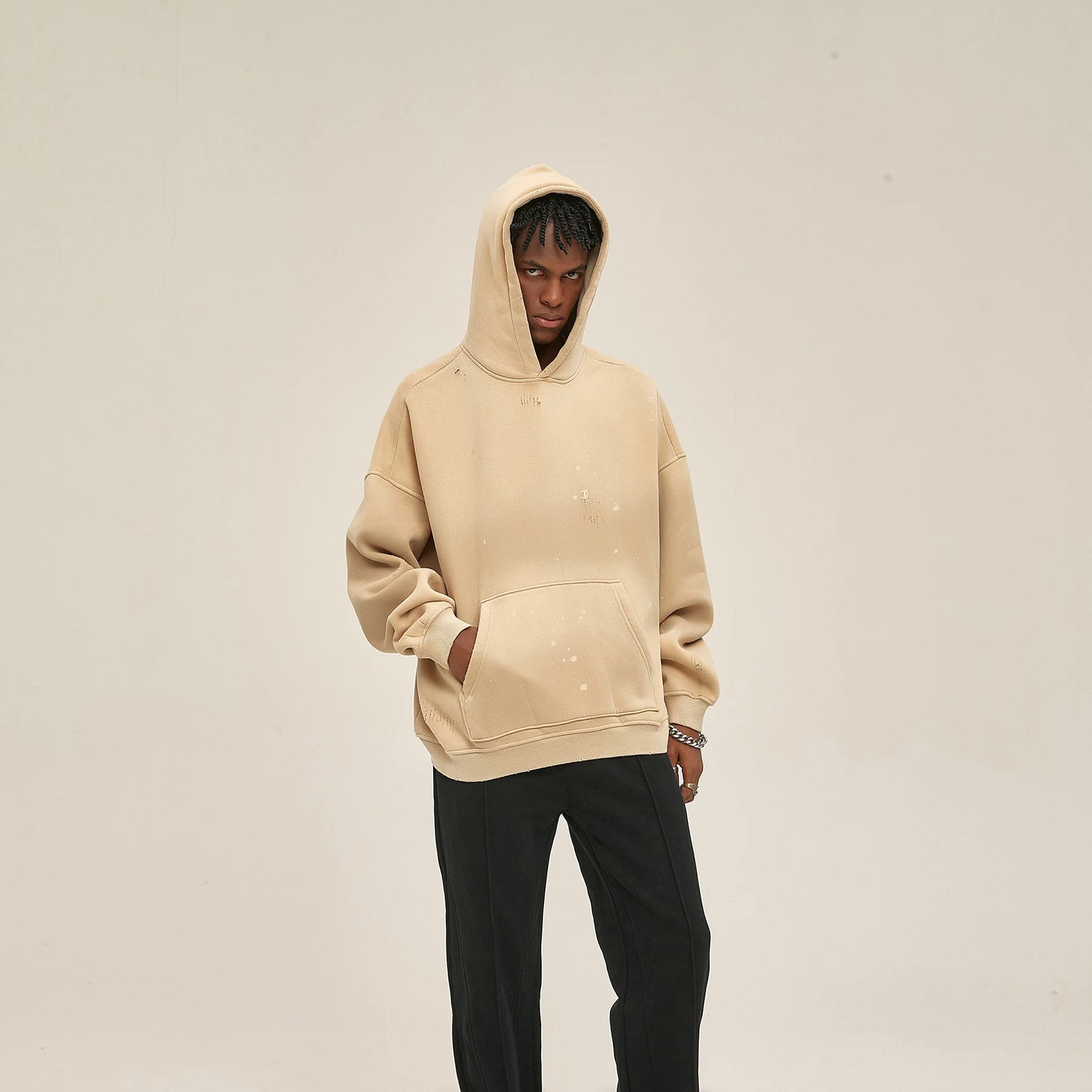Street Wear Speckled Ink Rubbed Hooded Hoodies Fashion Sense Distressed Winter Coat Men&