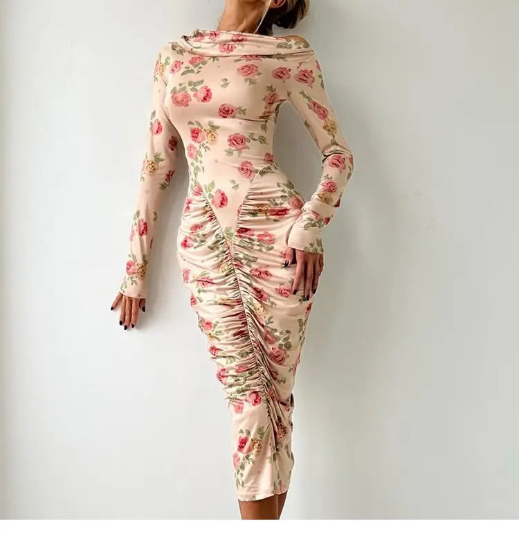 French Style Is Beautiful and Pure, Classical Artist Floral Pleated Slanted Shoulder Long-sleeved Dress Women&