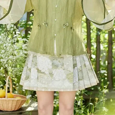 2024 New Fashion Chinese Style Retro Summer Printed Pleated Lace Up Women&