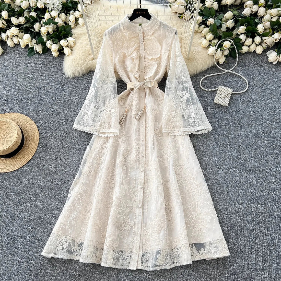 French Luxury Fashion Flower Mesh Embroidery Dress High Quality Women Stand Long Flare Sleeve Ruffles Belt Party Long Vestidos