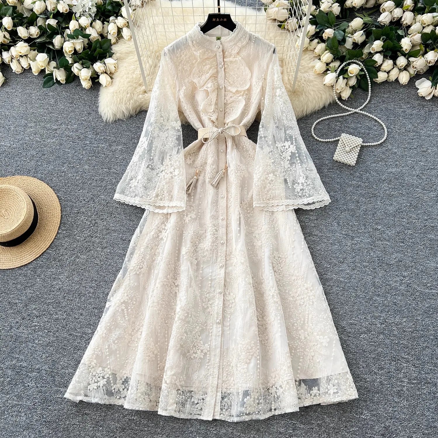 French Luxury Fashion Flower Mesh Embroidery Dress High Quality Women Stand Long Flare Sleeve Ruffles Belt Party Long Vestidos