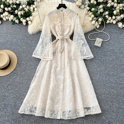 French Luxury Fashion Flower Mesh Embroidery Dress High Quality Women Stand Long Flare Sleeve Ruffles Belt Party Long Vestidos