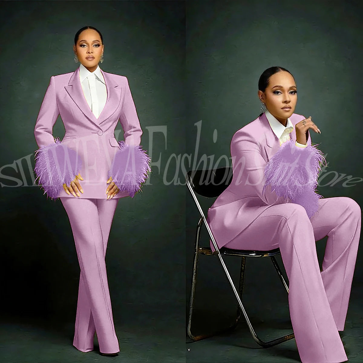 Fashion Chic Suits For Women Luxury Feather Applique Single Breasted 2 Pieces Female Suit (Blazer+Pants) Conjuntos De Pantalones