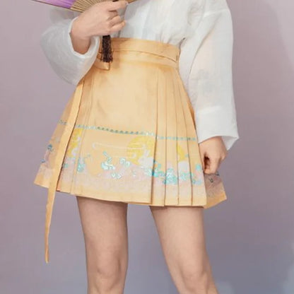 2024 New Fashion Chinese Style Retro Summer Printed Pleated Lace Up Women&