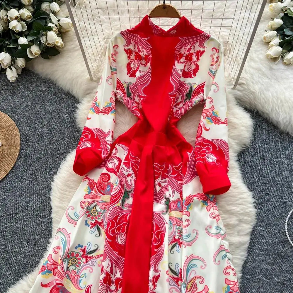 Fashion High-End Feeling Gown Dress Elegant European Court Style Long Printed Slimming New Women&