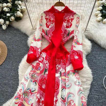 Fashion High-End Feeling Gown Dress Elegant European Court Style Long Printed Slimming New Women&