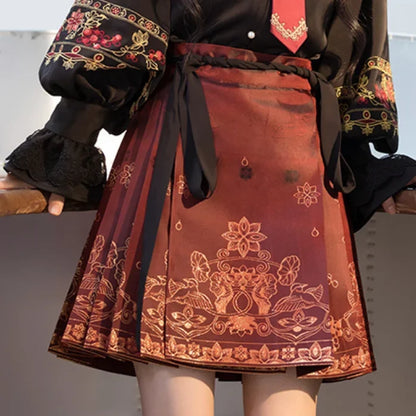2024 New Fashion Chinese Style Retro Summer Printed Pleated Lace Up Women&