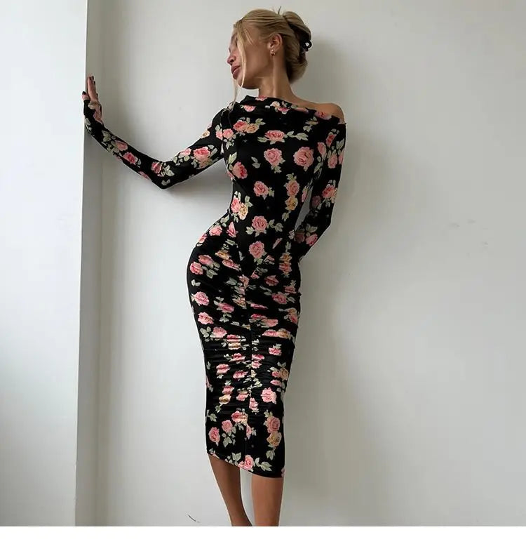 French Style Is Beautiful and Pure, Classical Artist Floral Pleated Slanted Shoulder Long-sleeved Dress Women&