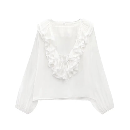 Spring New Sle White Loose Layered V-Ne Decorative irt Design Polyester Fiber Long Sve Regular Length Women&